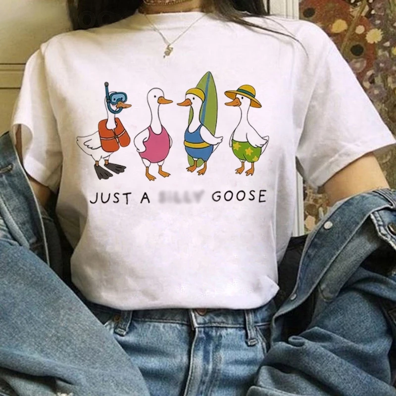 

Cute Kawaii Cartoon Goose Pattern Printed Trendy Style Women's Fashion Clothes Short Sleeve Summer Top Basic Women's T-Shirt