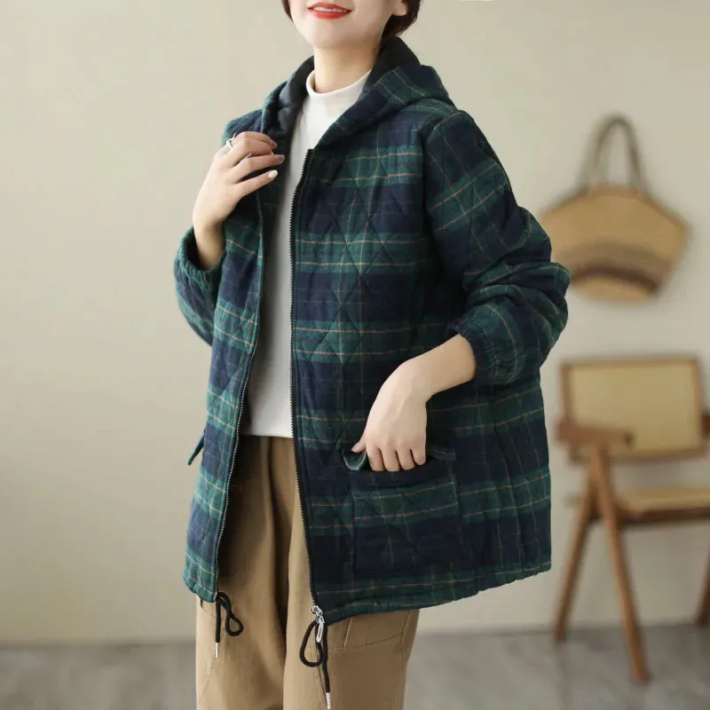 Large Size Cotton Jacket Women's  Loose Casual Hooded Checkered Shirt Coat Autumn Winter Coat Cotton Keep Warm Clip Jacket Top