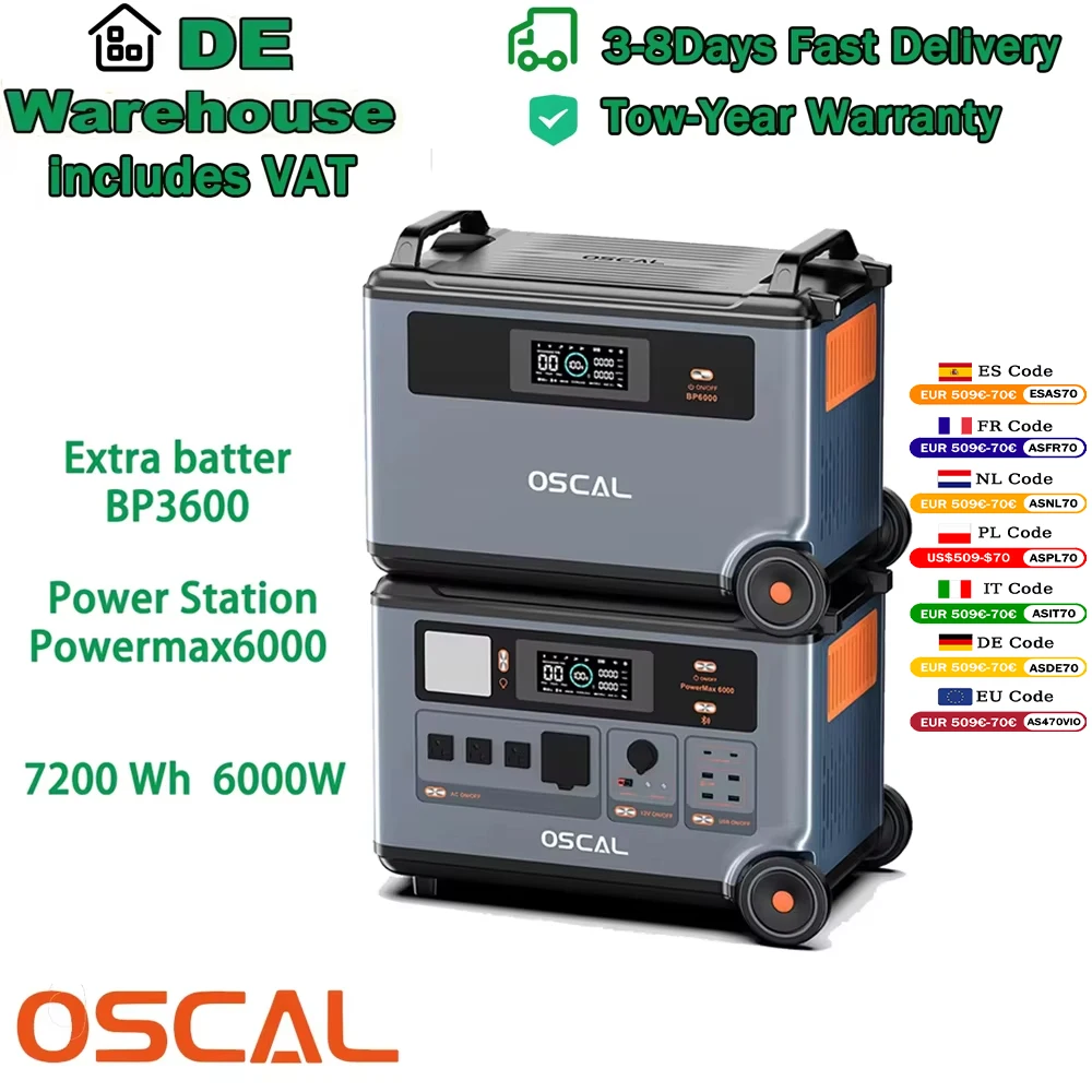 Oscal 7200Wh Powermax6000 6000W centrale électrique robuste + batterie supplémentaire batterie Lifepo4 14 prises 120V/240V double sortie de tension