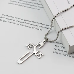 Letter Jesus Hollow Pendant Necklace Stainless Steel Silver Color Chain Hollow Cross Necklace for Men Women Jewelry Collier Gift
