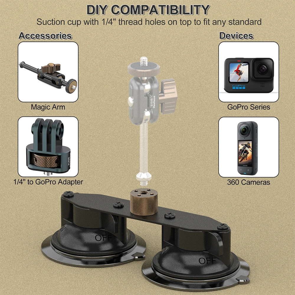 Minifocus デュアル吸盤マウント、ツイストロック 2 吸盤ベース、カメラネジアダプター付き、二層吸引、車のフロントガラス