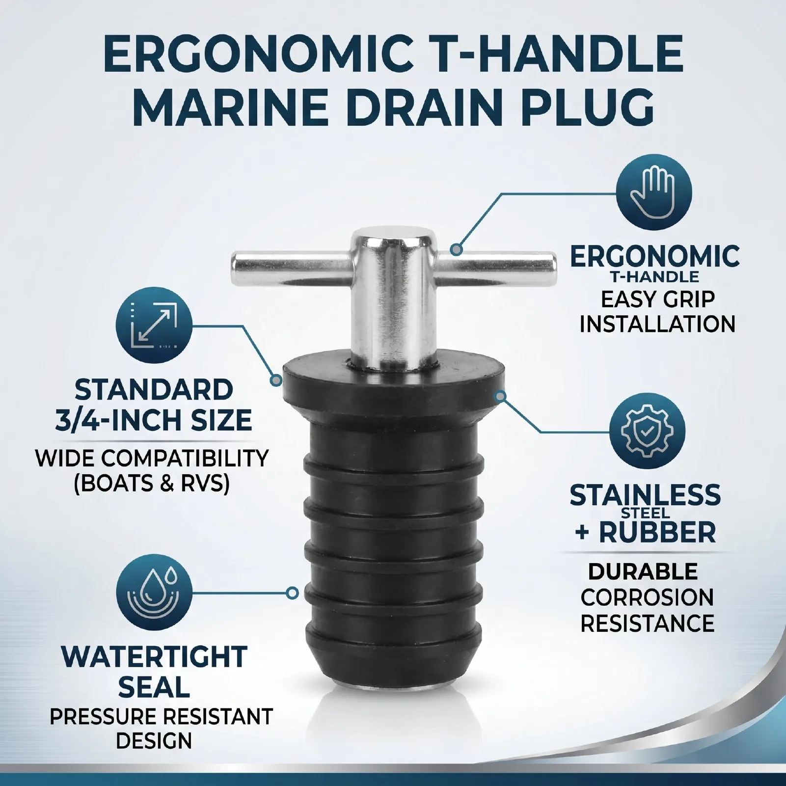Rubber Boat Drain Stopper Rubber Boat Drain Plug 3/4in Ergonomic T Handle Excellent Sealing Scupper Plug For Boats Yachts RVs
