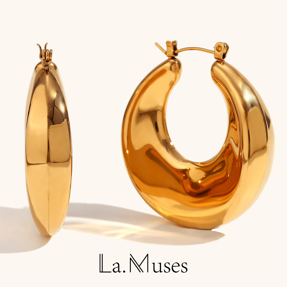 La.Muses 35mm Bilateral Depression Hollow Trendy Women's Hoop Earrings 2024 Gift Female Stainless Steel Jewelry For Woman