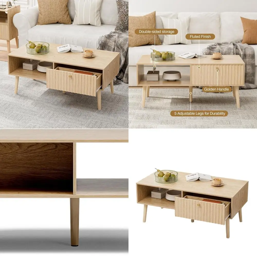 

Boho Chic Storage Coffee Table with Fluted Drawer and Solid Oak Legs for Cozy Living Spaces