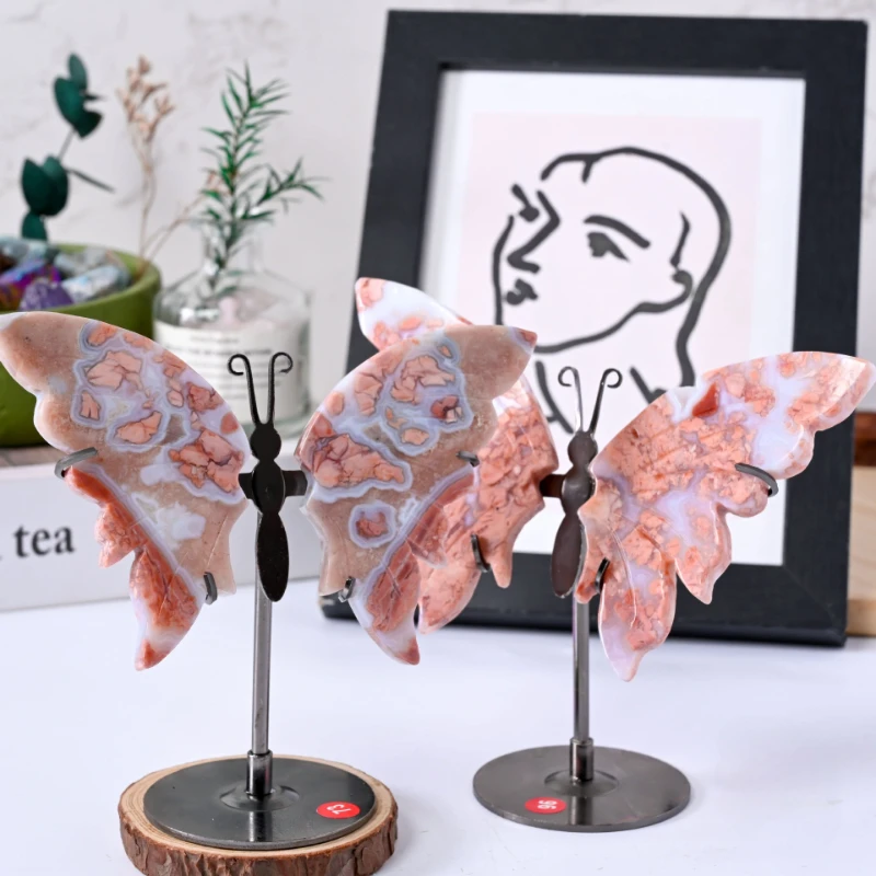 

Natural Pink Cherry Blossom Agate Butterly Wings Crystal Wings Carving Healing Druzy Geode Butterfly Ornament Home Decor Gifts