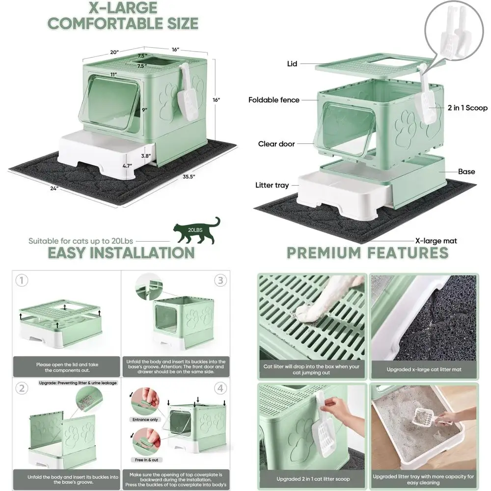 

Extra Large Litter Mat and Scoop Included, Foldable Litter Box with Lid, Enclosed Cat Box, Front Top Entry, Odor Control, Easy C