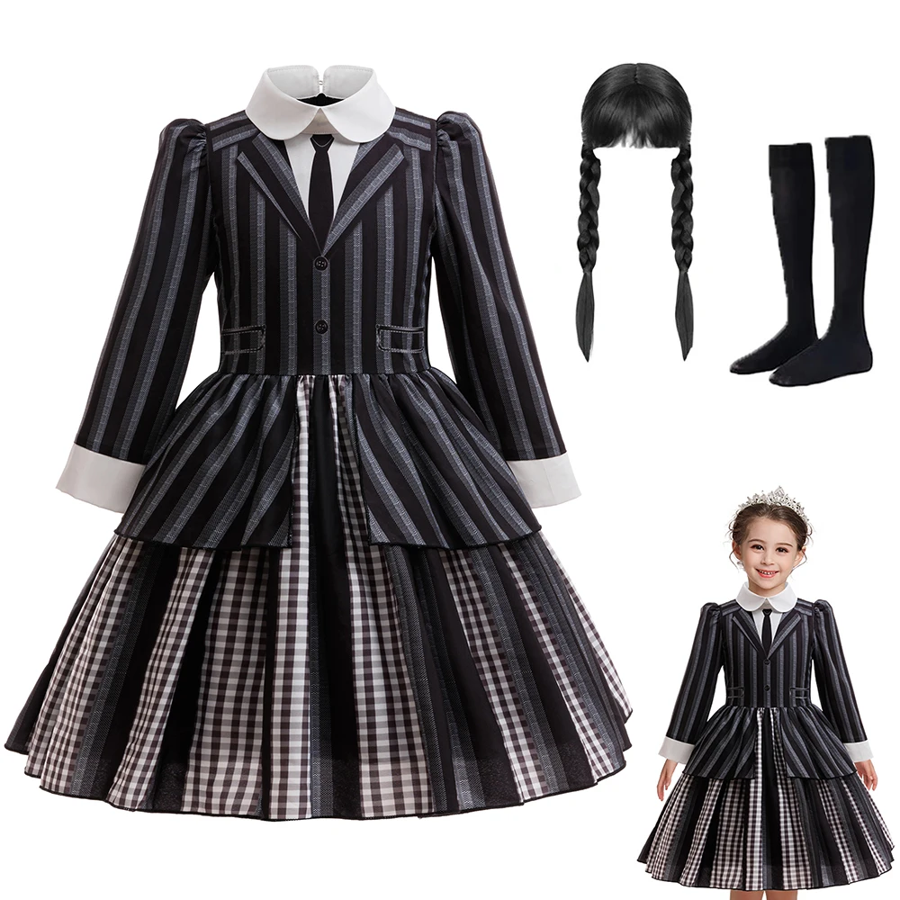 

Movie Wednesday Girls Cosplay Costume With Wig Socks Halloween Birthday Party Children's Clothing Formal Uniform Dress Outfits