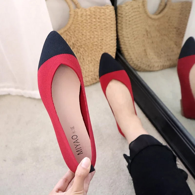 Casual Knitted Flat Shoes Women Pointed Toe Soft Sole Single 2024 New Simple Splicing Shallow Mouth Comfort House Shoes