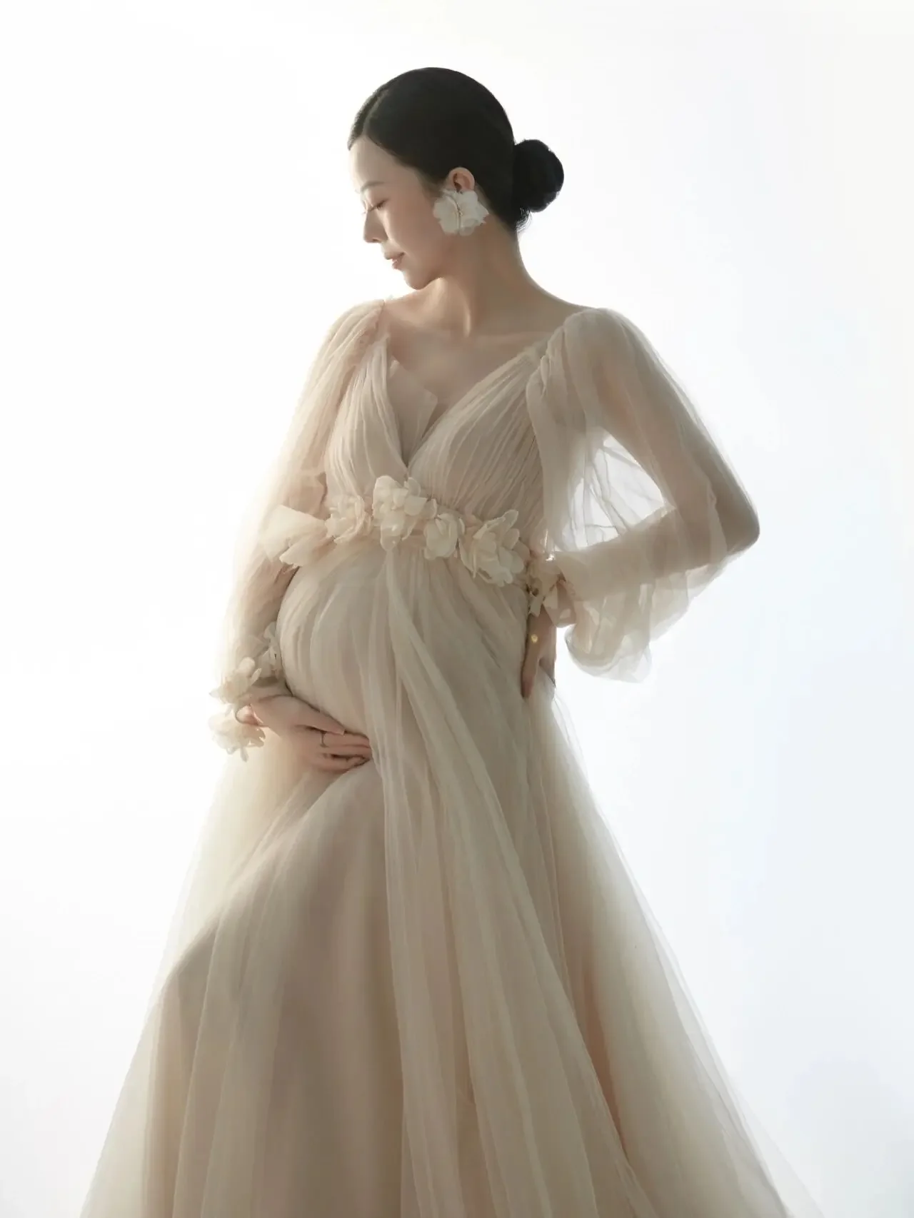 Women's Champagne Maternity Photo Shoot V-Neck Long Sleeves Tulle Floral Pregnant Photography Props Long Mesh Maxi Dress