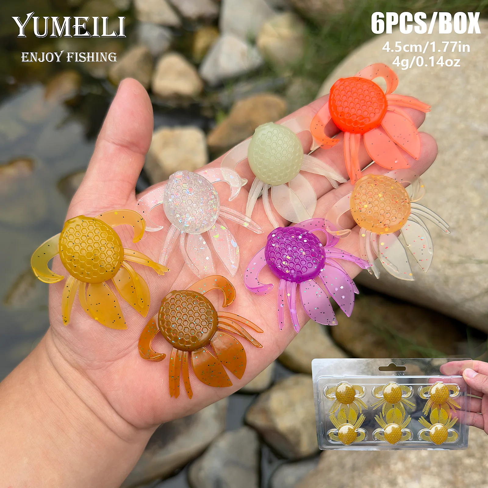 YUMEILI 6pcs Crab-shaped Simulated Soft Lure, PVC Multi-colored Multi-legged + Double Fan-tail Design, Honeycomb Body