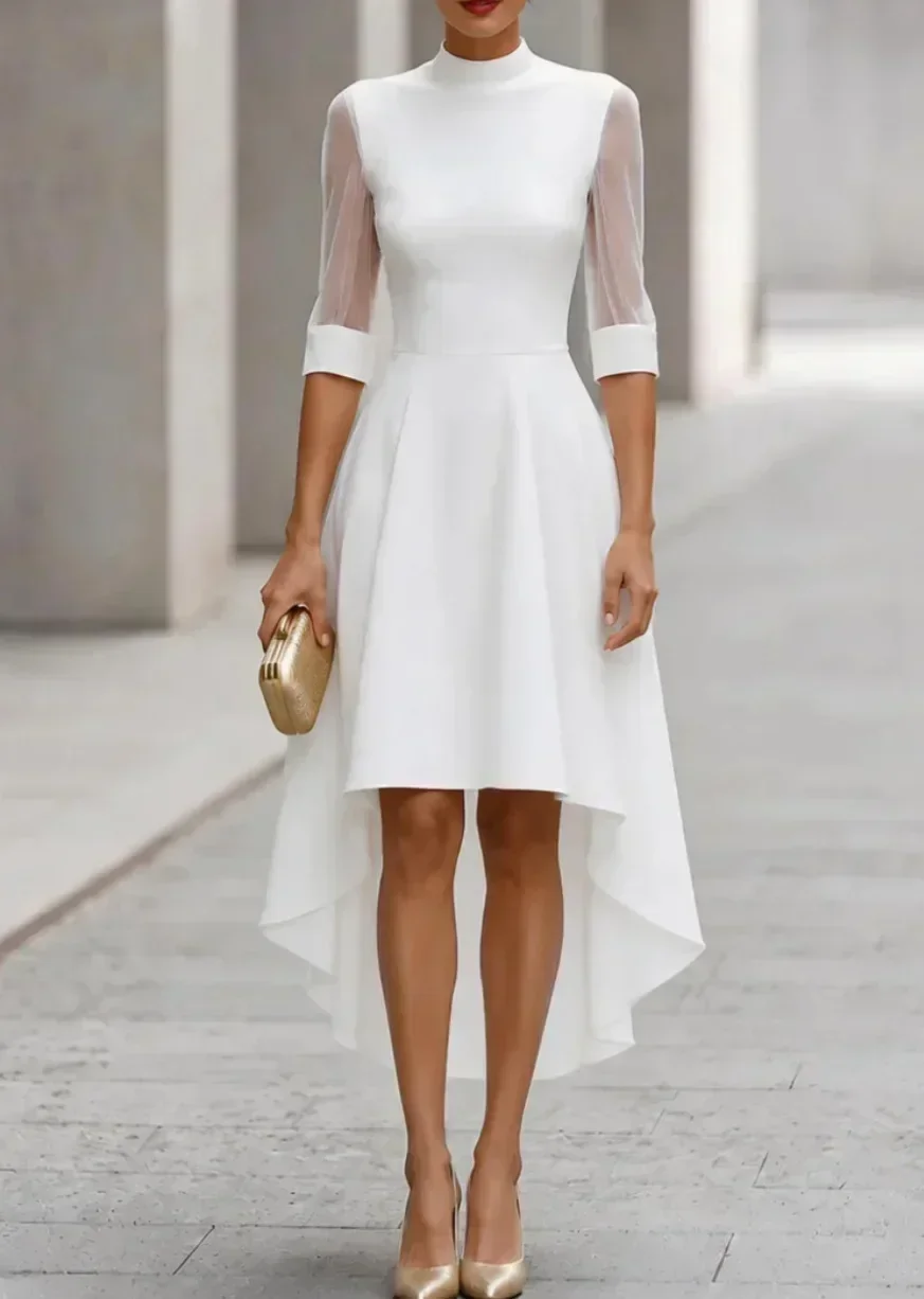 Damenkleid mit hohem Kragen, Midi-Länge, transparentem Netzstoff, 3/4-Ärmeln, asymmetrischem Saum, A-Linie, elegantes Partykleid für formelle Anlässe. – Detail 3
