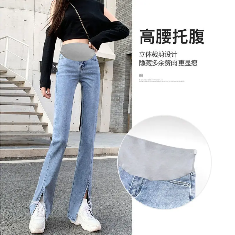 Pregnant women summer split flared jeans women spring and autumn flared wide leg jeans pregnant women loose straight denim trous