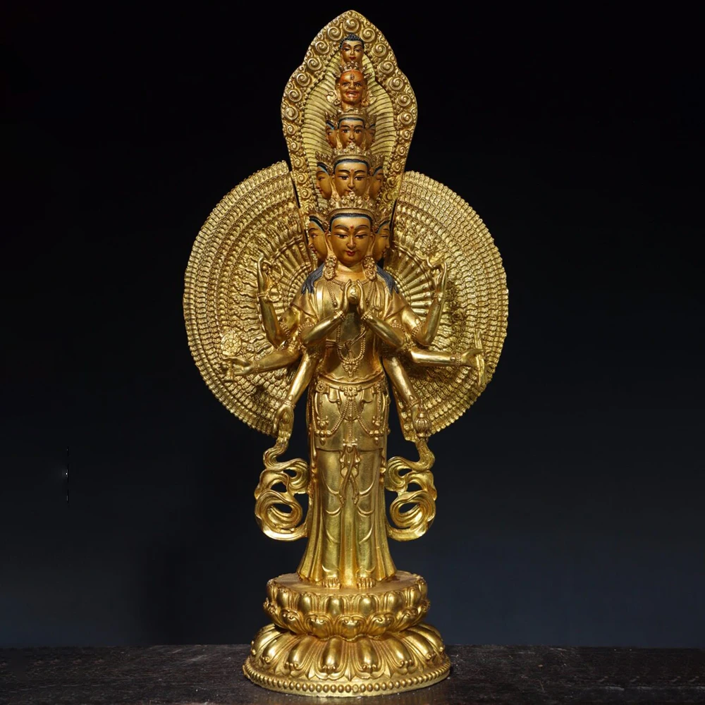 Large Tibetan Pure Copper Gilt Thousand Hand Thousand Eye Guanyin Statue 11 Faced Home Altar Decor