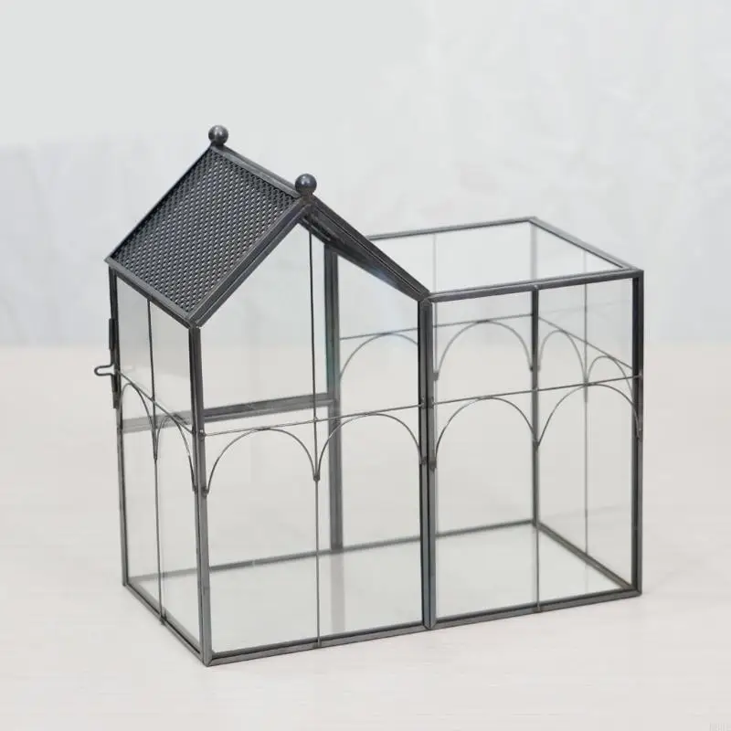 Glas-Terrarium-Ausstellungshaus mit schwarzem Rahmen und Öffnungsplatte für Blumenarrangements, Platzierung auf der Fensterbank – Detail 2