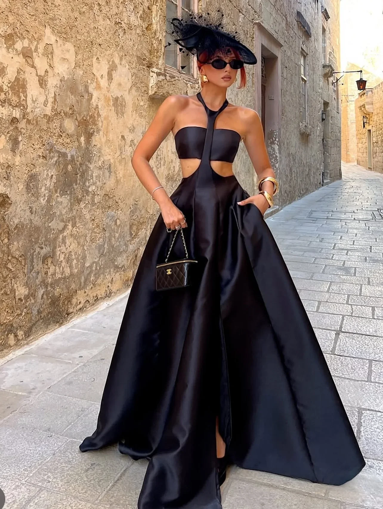2026 elegante preto 2 peças vestido de festa de baile cintura alta halter noite maxi vestido com bolsos customizáveis roupa formal feminina