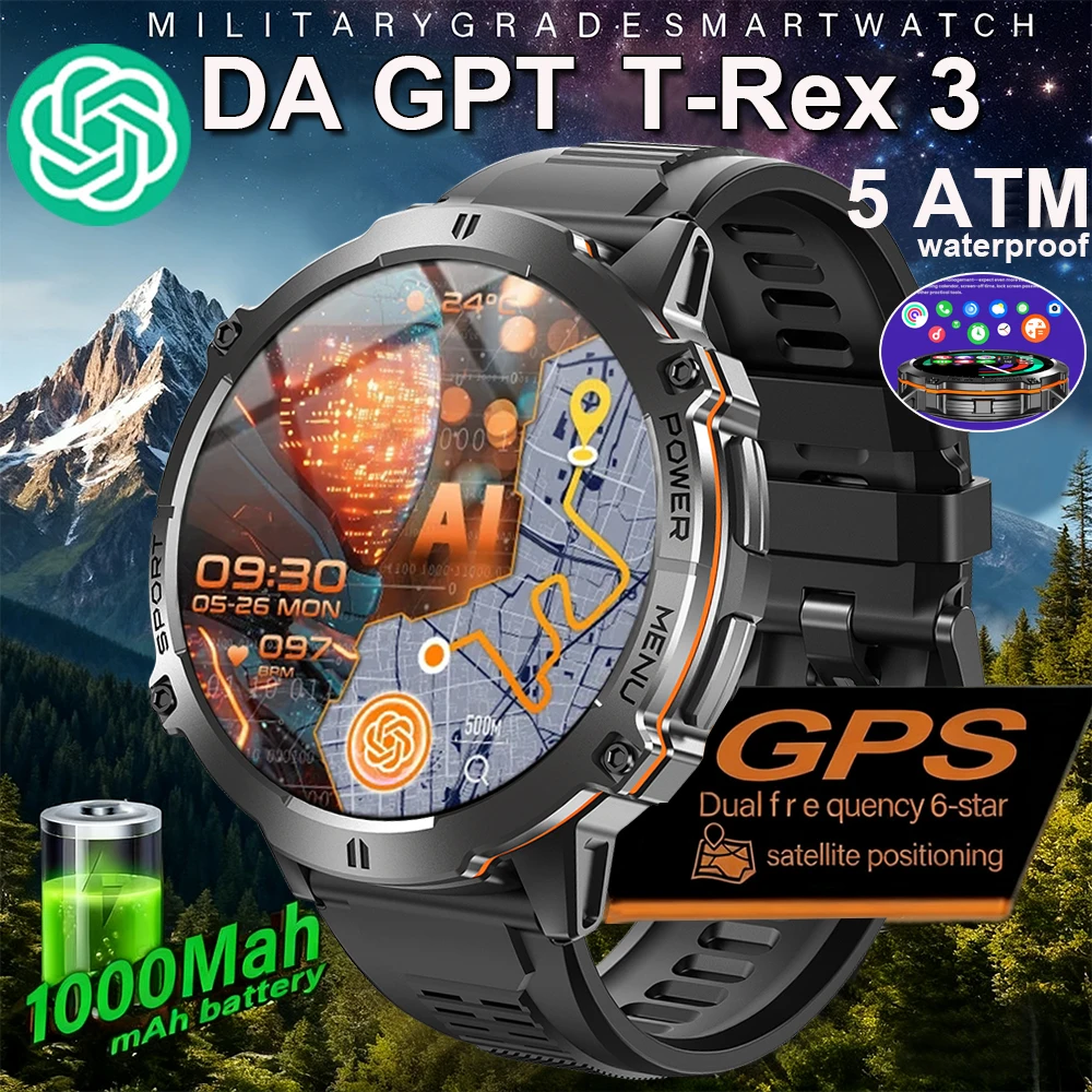 

T-Rex 3 GPS Смарт-часы 5 АТМ Водонепроницаемые Встроенный двухдиапазонный GNSS Компас Военные Спортивные Смарт-часы Мужские 1000 мАч Батарея 2025 Новинка
