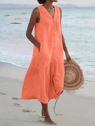 Vestido Midi de algodón y lino para mujer, prenda holgada informal con retazos, cuello en V, estilo playero, sin mangas, color liso