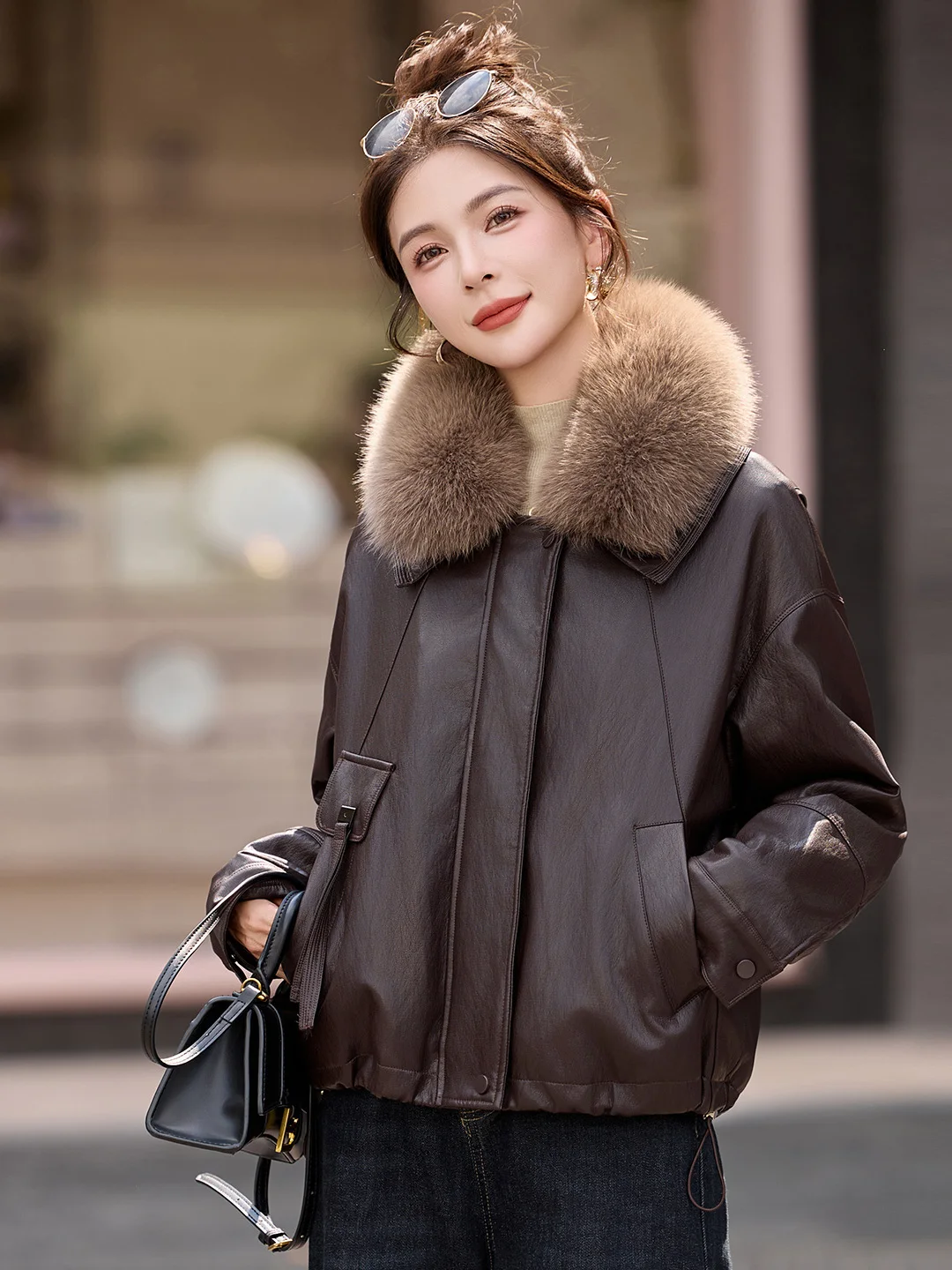 Retro Faux Fur Collar down Jaet Women's Faionable Warm Mommy Sle Top Stand Fit Long Sve Zipper Closure PU Leather