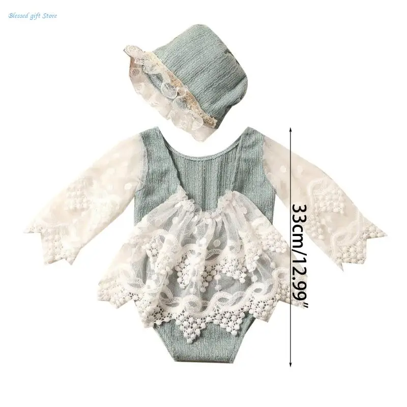 Newborns Photo Props Hat & Lace Jumpsuit Photo Bodysuit Photostudio Accessories