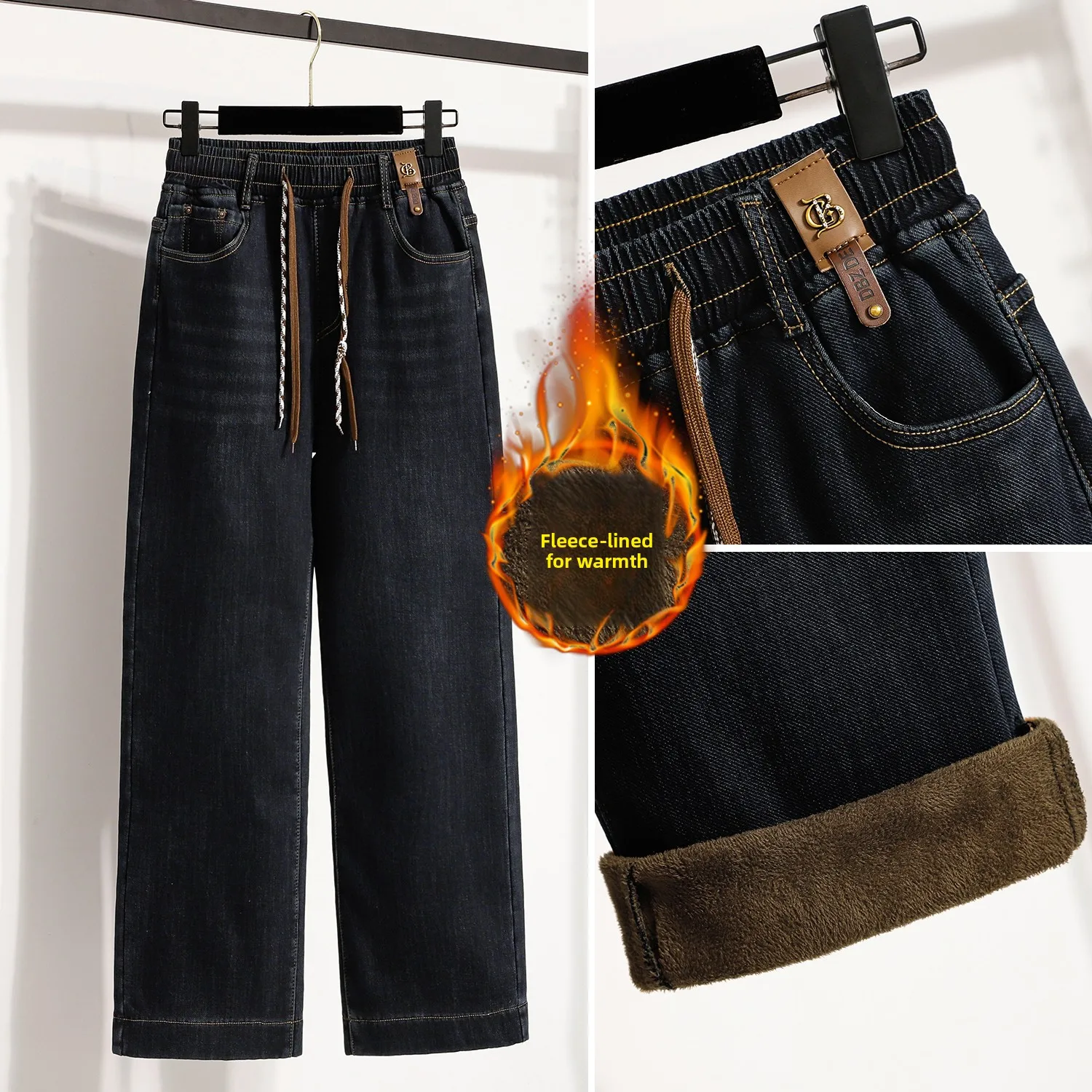 بالإضافة إلى حجم المرأة الشتاء Thiened Fce مستقيم الساق الجينز مرونة الخصر عارضة السراويل الطويلة القطن البوليستر مزيج بسط #2