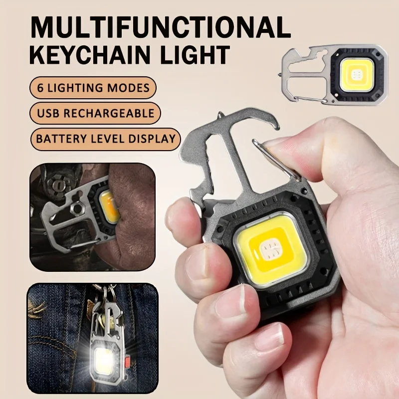 COB LED ضوء العمل USB سلسلة مفاتيح قابلة لإعادة الشحن مصباح يدوي 7-طرق مع عرض البطارية للتخييم في الهواء الطلق المشي لمسافات طويلة الاستخدام في حالات الطوارئ