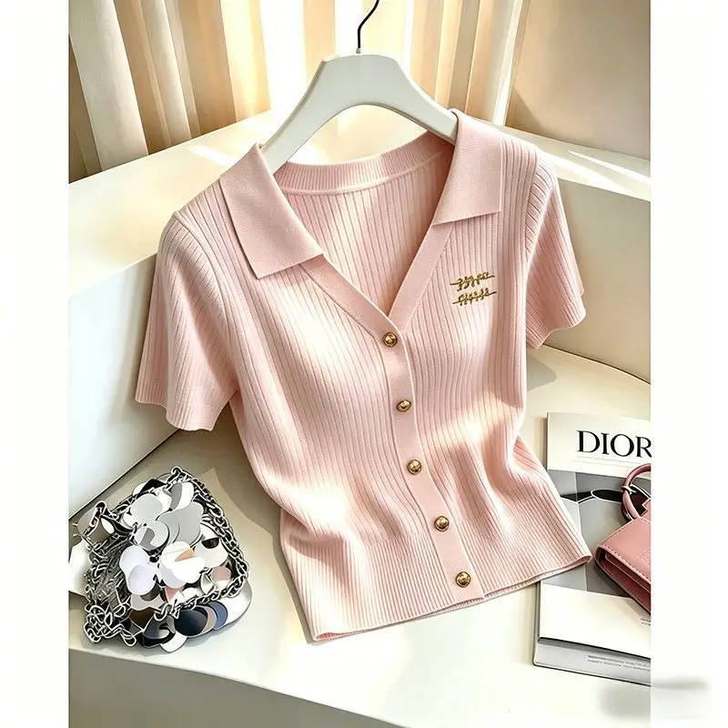 

Summer Polo Neck Knit Short-sleeved T-shirt Gold Buttons Soft Sweater Knit Pullover Women Top Y2k V-neck Tshirt Pink White Black