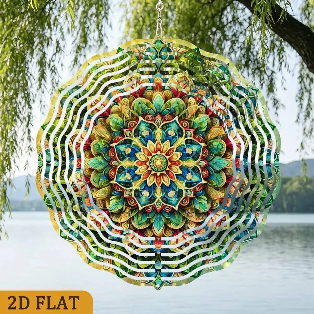2D Flat Colorful Mandala Wind Spinner - 12 Inch 3D Kinetic Metal Art for Garden Patio Lawn Outdoor Christmas Halloween Gift
