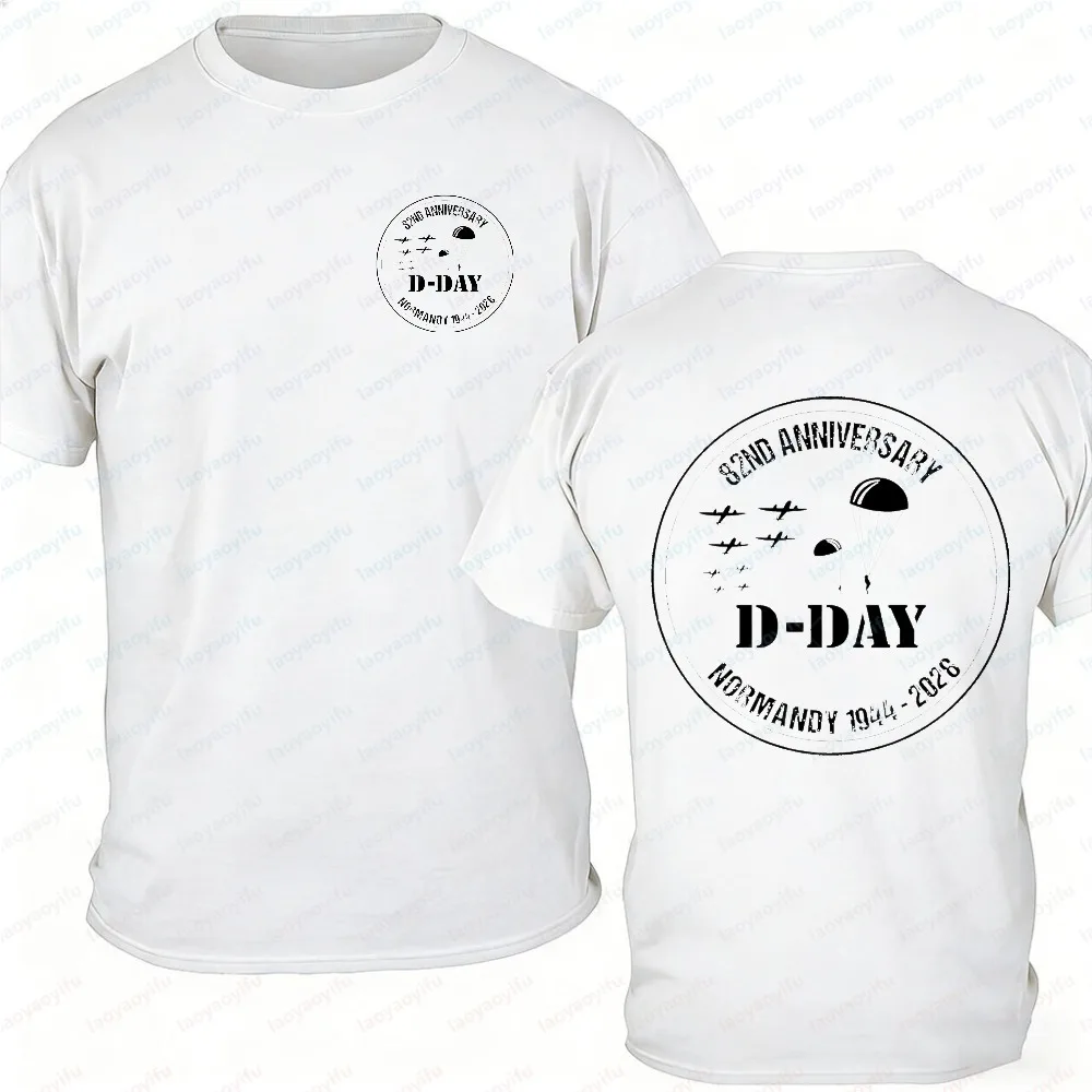 82nd Anniversary D-Day Normandy Landing 2026 T-Shirt Men's Airborne Parachute Plane WWII Double-Sided Print White Cotton Tops