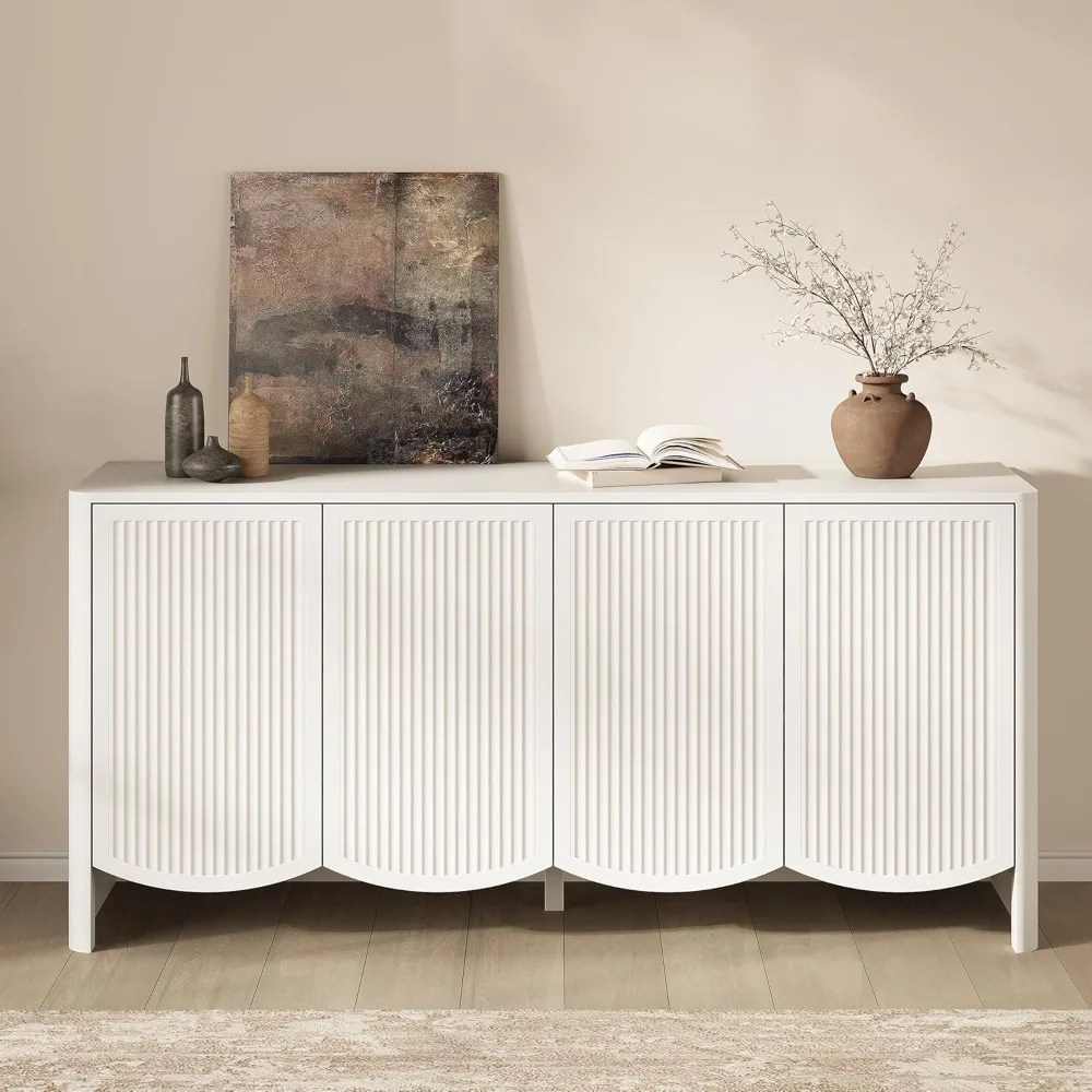 خزانة بوفيه جانبية مع مساحة تخزين، وخزانة تخزين مخددة مع 4 أبواب وأرفف قابلة للتعديل، وحامل تلفزيون Credenza الحديث #3