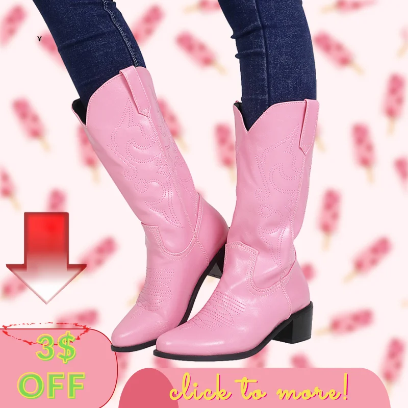 

AOSPHIRAYLIAN Western Cowboy Sewing Floral Boots For Women 2023 Cute Pink Slip On Western Cowgirls Women's Shoes Boots