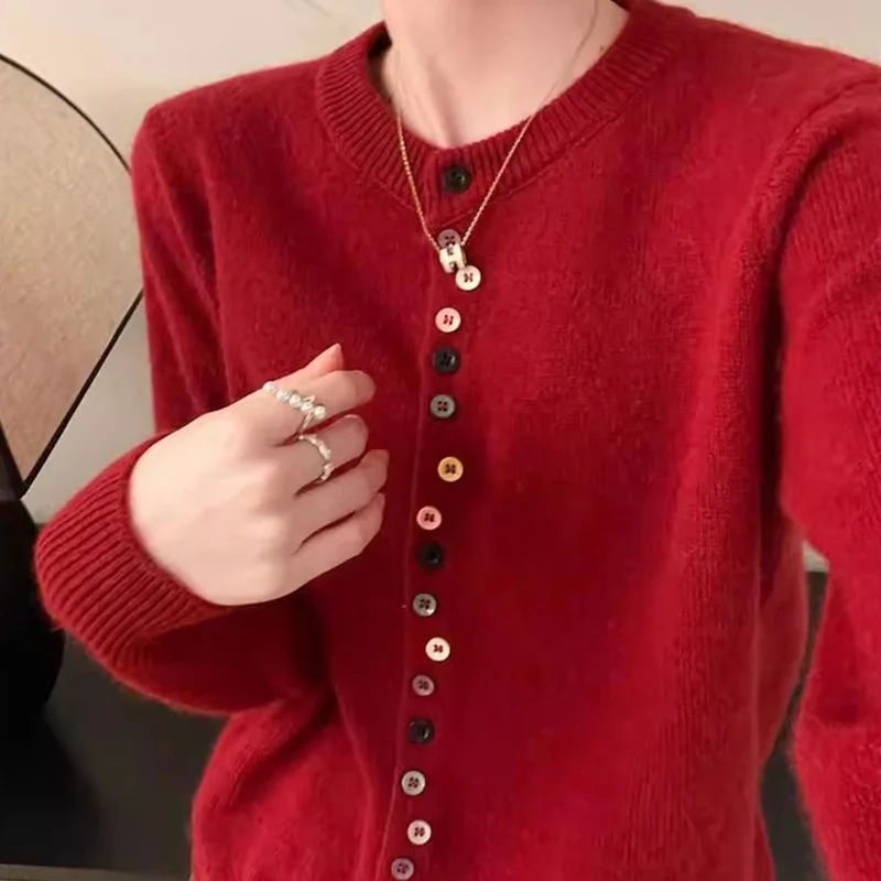 Fashion Knitting 2024 New Cardigan Spring Autumn Temperament Top Tee Long Sleeve O-neck Sweater Coat Sweet Solid Color Top Tee