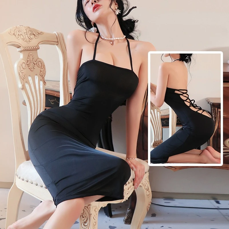 

New Sexy Solid Color Long Nightdress Women's Lencería Pajamas Open Back Sexy Seductive Silk Stain Halterneck Pajamas Fashion