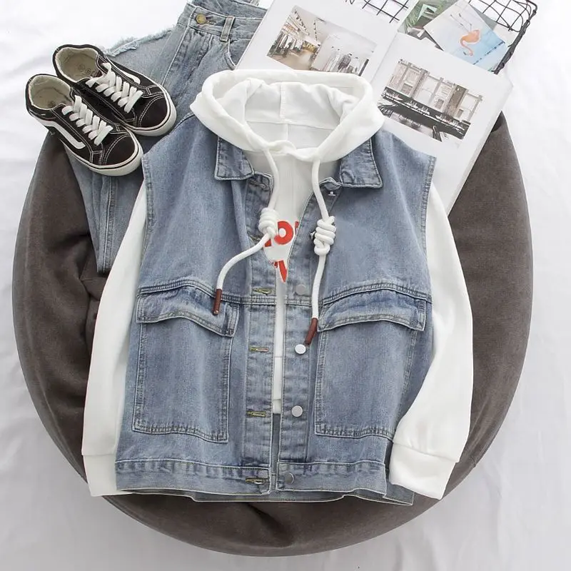 

Womens Hoodies Sets 2023 Spring Autumn Trendy Suits Women Korean Style Loose Long Sleeve Hoodie Denim Vest Jacket Two Piece Set