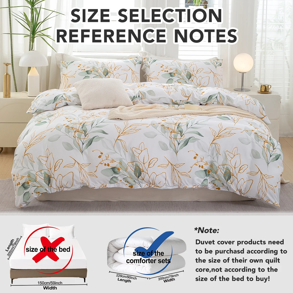 3pcs Fashion Watercolor Green Golden Eucalyptus Leaf Printed Duvet Cover Set, All-Season Universal. Fresh Minimalist Aesthetic
