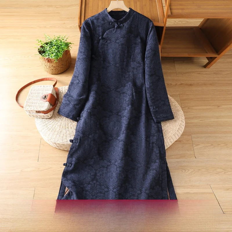 

Thiened Хлопково-льняное платье с хлопковой инкрустацией в китайском стиле, средней длины, осень-зима, темно-синий теплый халат с цветочным принтом