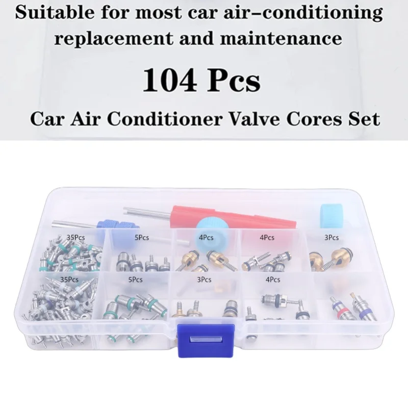 104Pcs Car Air Conditioning Valve Core Accessories Kit R134a R12 Valve Core Set With Remover Tool Dust Cap For Automotives Bikes