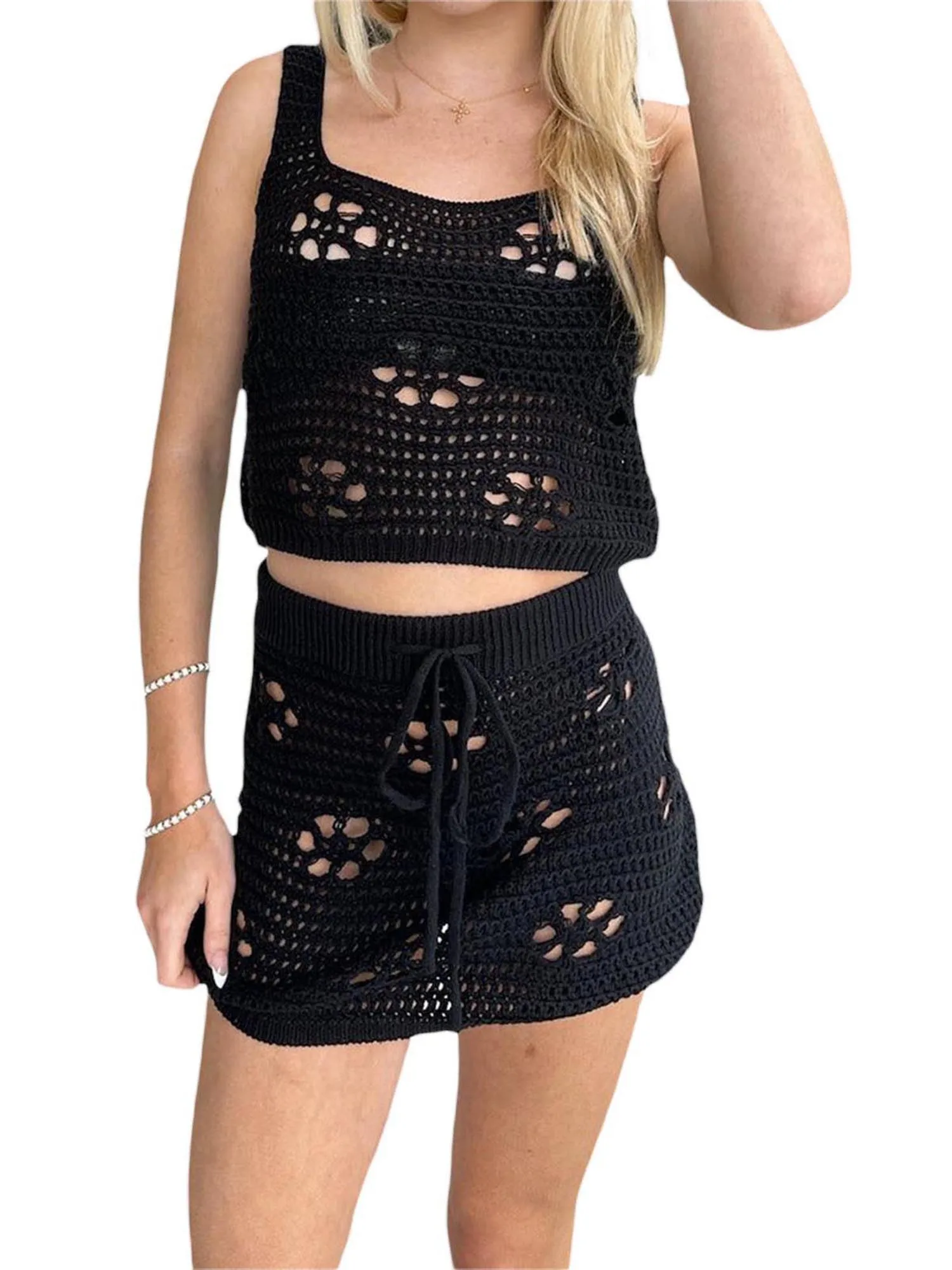 Y2K Crochet Knit Skirt Set for Women Clubbing 2 Piece Outfits Cute Going Out Matching Sets Hollow Out Beachwear (G-White L)