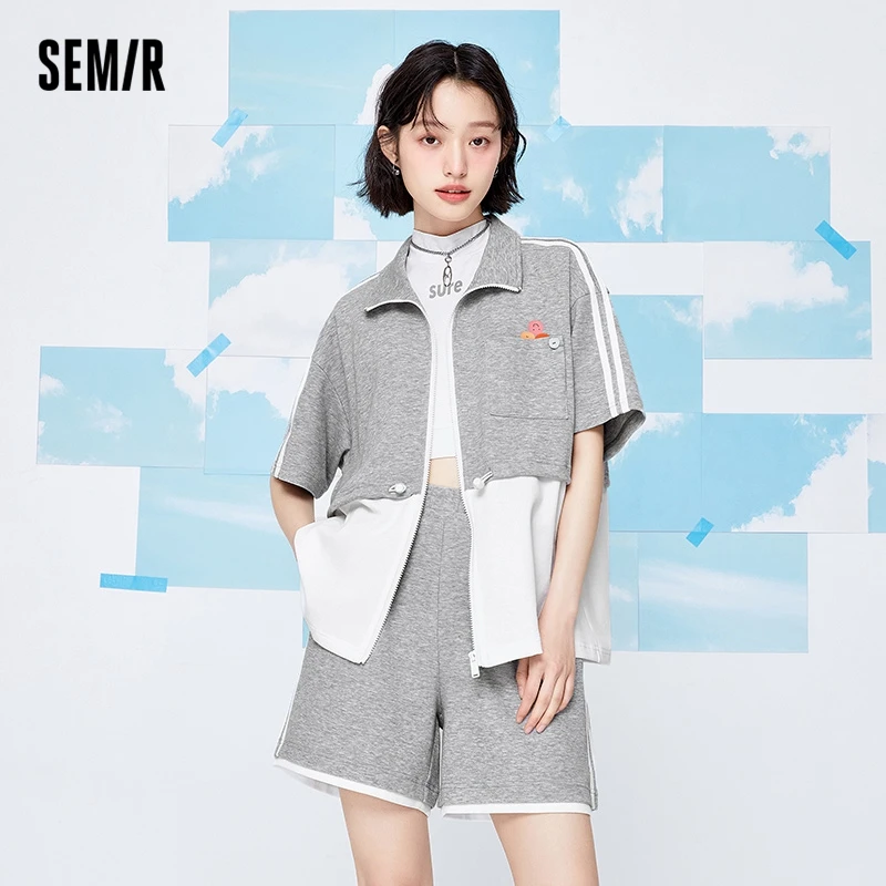 

Semir Suit Women Stand-Up Collar Coat Contrast Stitching Pants Loose Summer New Two-Piece Set Retro Sports Style