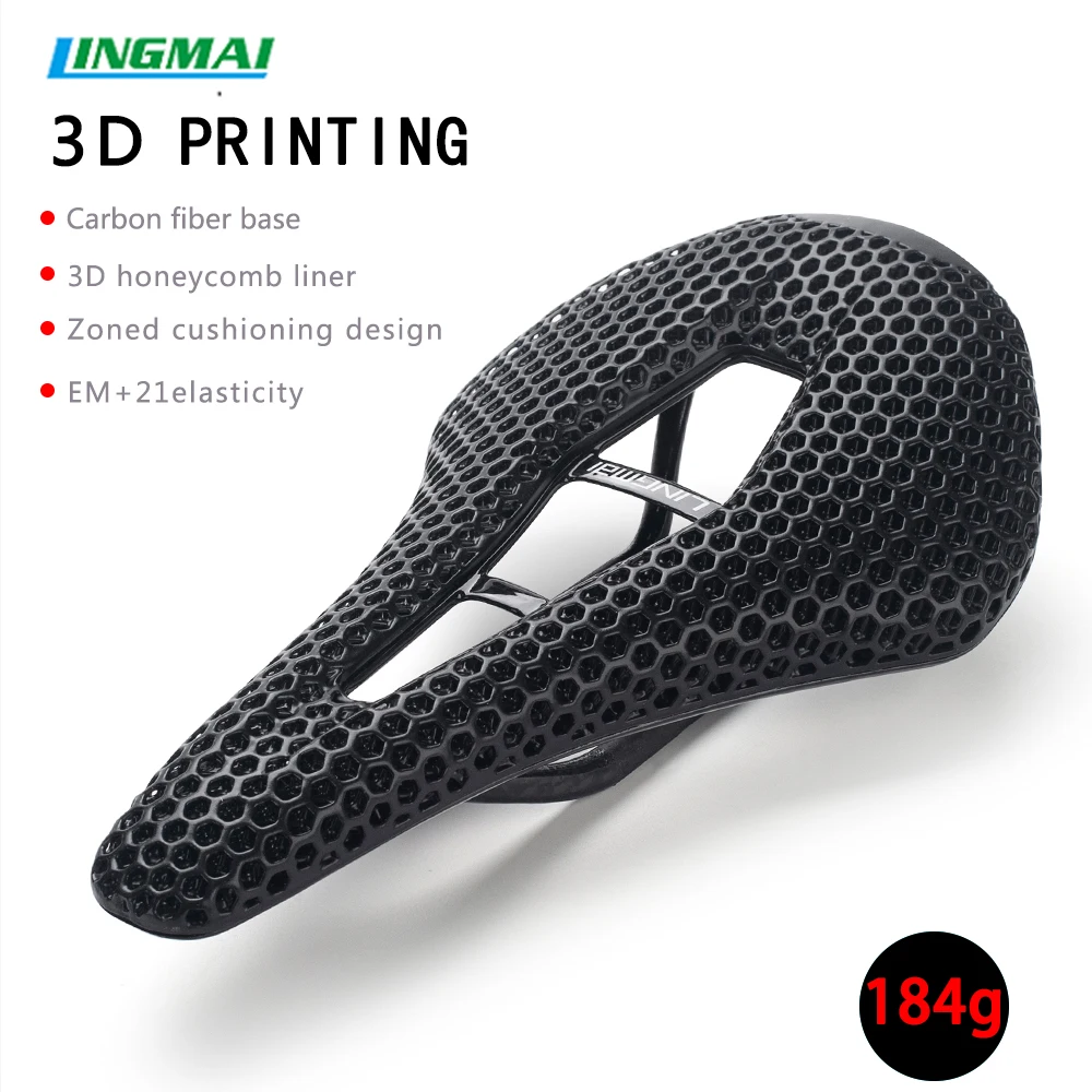 

LINGMAI Carbon Fiber 3D Printed Bike Saddle 143mm Ultra Light and Breathable Mountain Bicycle Cushion Soft Seat for Road BikeMTB