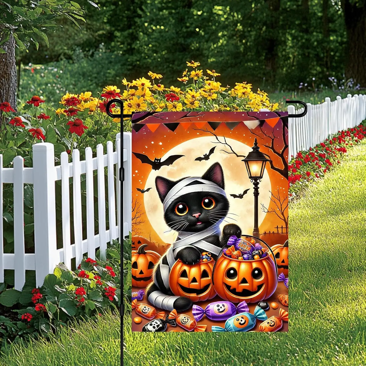 Happy Halloween Garden Flag 12x18 Inch Seasonal Mummy Black Cat Candy Outdoor Decor Polyester Trick or Treat Yard Banner Cut yyi