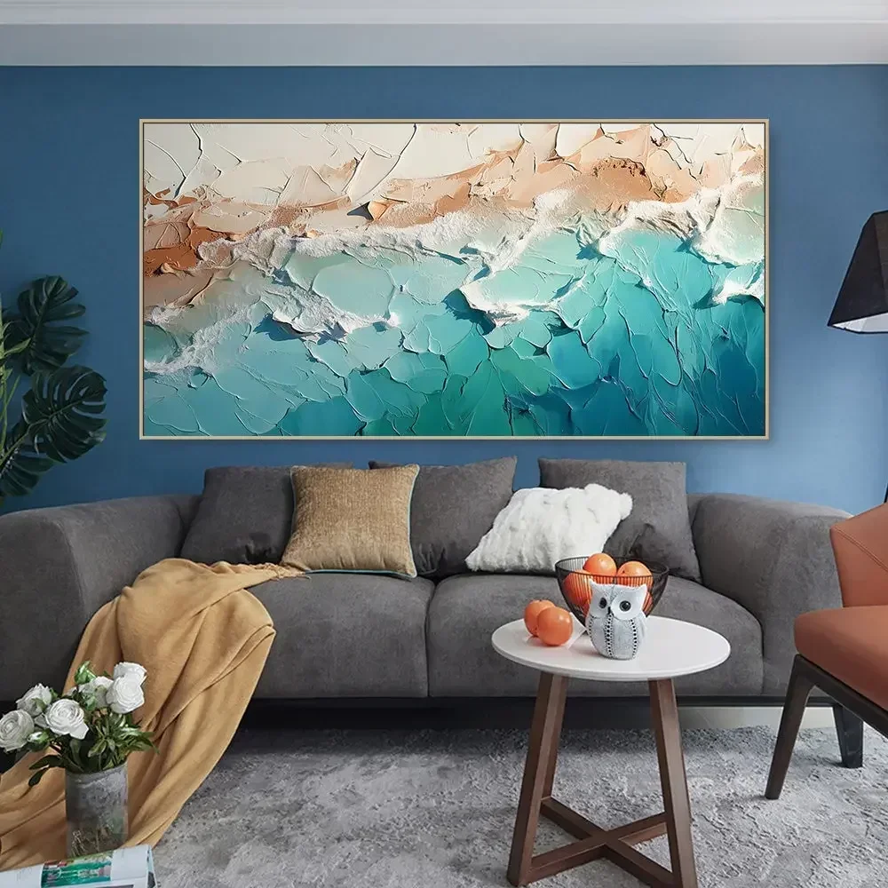 Pintura de playa minimalista verde azulado 3D, arte de pared texturizado, pintura de ola de mar sobre lienzo, arte de pared wabi-sabi, decoración de moda para sala de estar