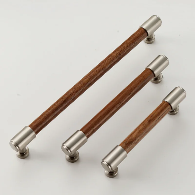 Nordic Walnut & Zinc Alloy Cabinet Handles Wood Furniture Pulls Kitchen Door Drawer Handles Hole Spacing 96 128 192mm Home Decor