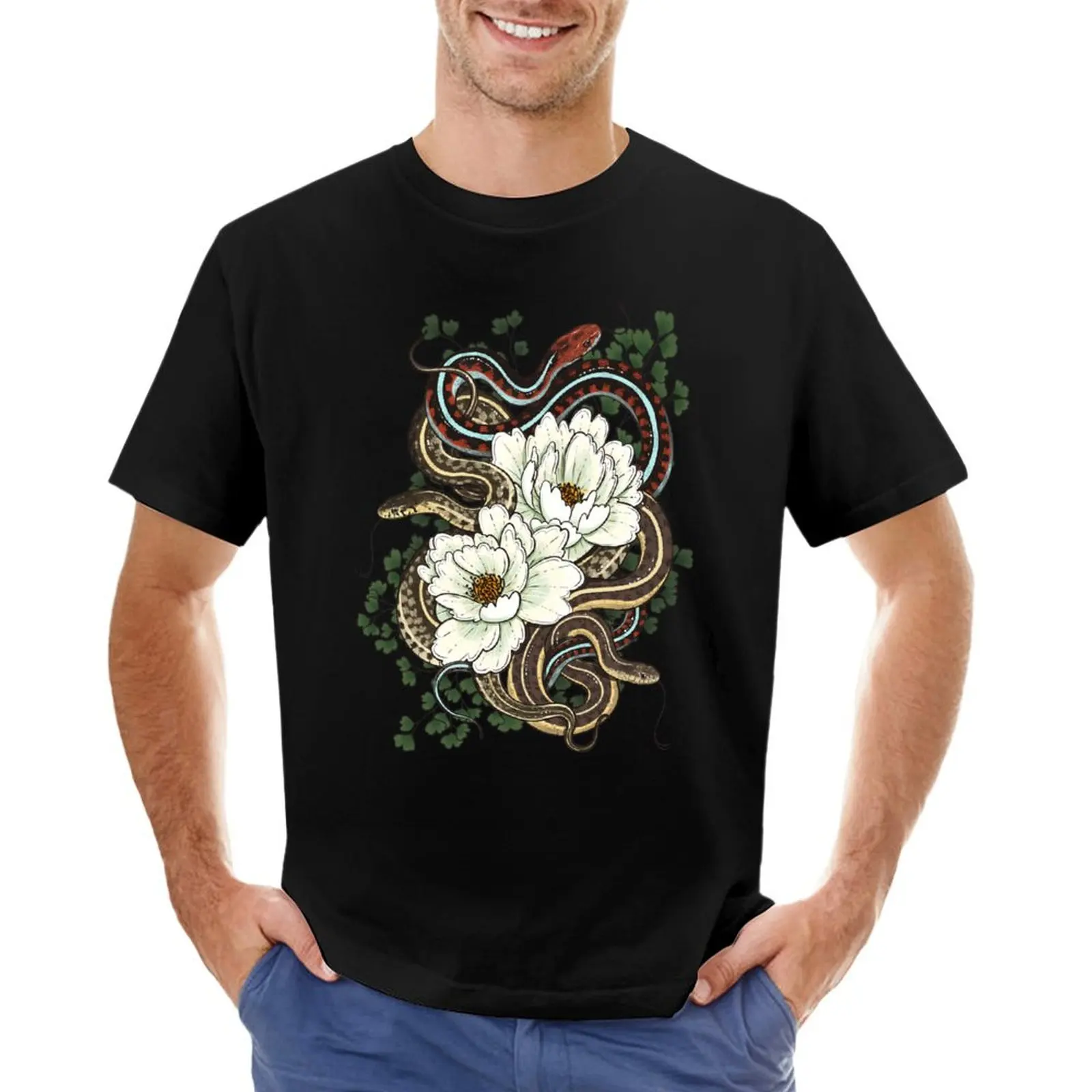 Garter Snakes with White Peonies T-Shirt Short sleeve tee animal prinfor boys shirts graphic tee vintage t shirt men