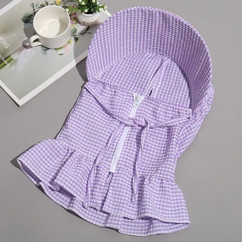 Women Plaid Sun Hat Full Face UV Protection Integrated Mask Breathable Lightweight Summer Cap For Cycling Driving Outdoor Travel