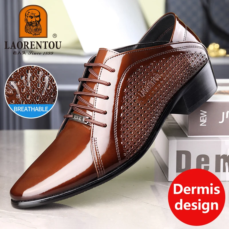 LAORENTOU genuine leather breathable hollow out leather shoes, pointed business dress leather shoes, fashionable perforatedshoes