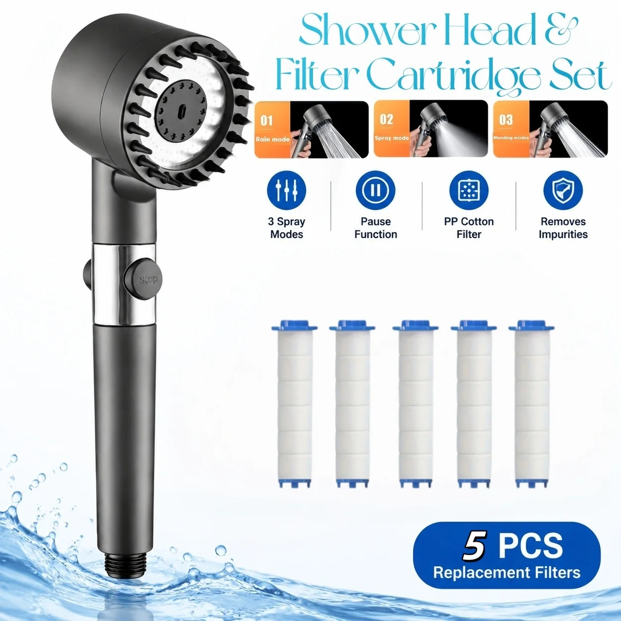 Medium Shower Head Water Saving Built-in Filter 3 Spray Modes One Key Stop 20/15/10PCS Filters Gray/Black/Purple Shower Only