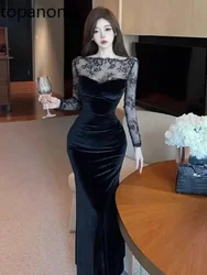 Topanoma Evening Dresses Women Lace Patchwork Long Sleeve Vintage Temperament Cocktail Sexy Mermaid Dress Party Backless Ladies