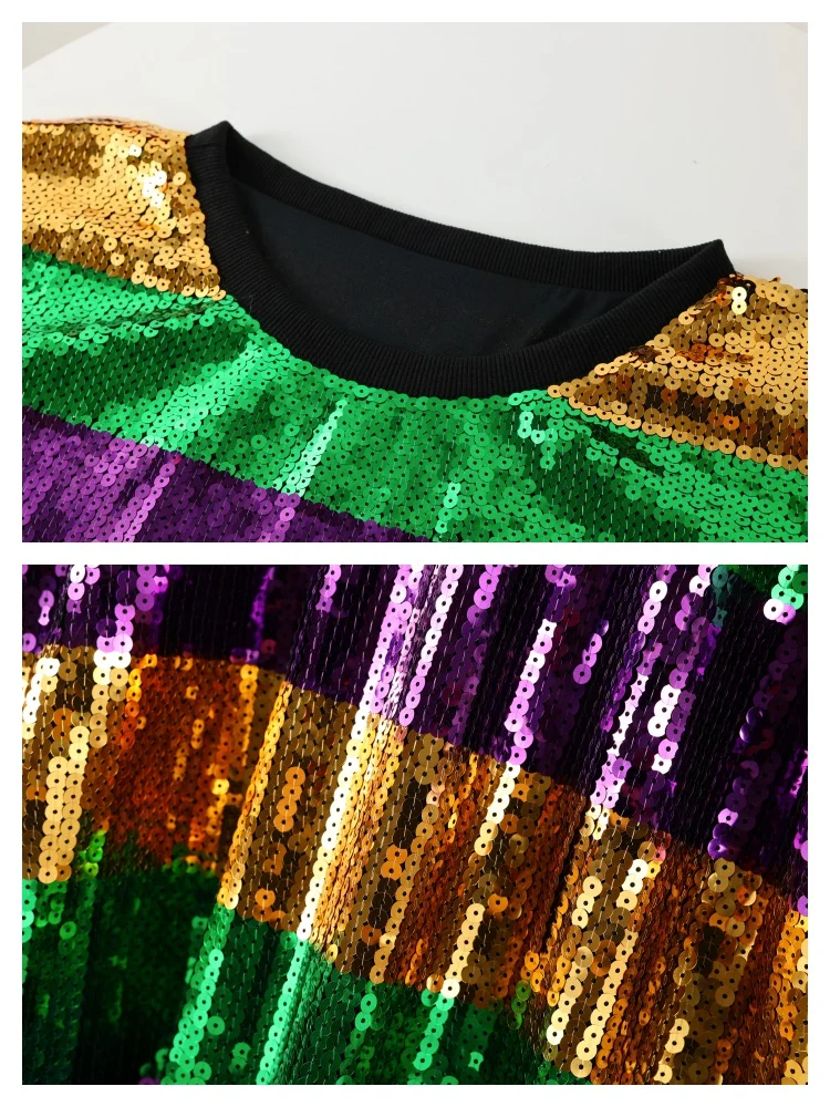 Robe à paillettes Mardi Gras rayée pour femmes, bloc de couleurs, manches courtes, ample, t-shirt à paillettes scintillantes, Costume de Festival de carnaval