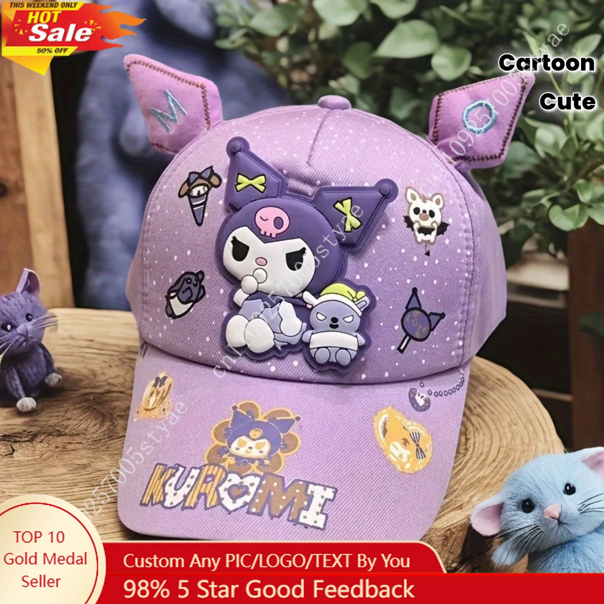 

Sanrio New Cute Cartoon Character Kuromi Baseball Cap Adjustable Linen Sun Hat for While Out and About