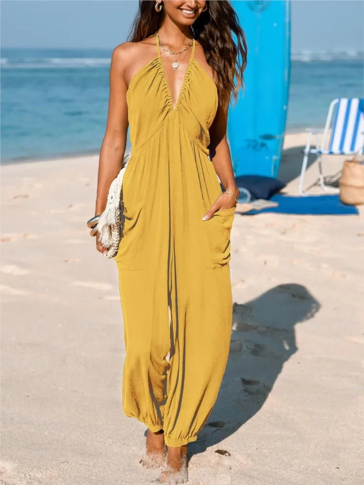 

Women Jumpsuit 2025 New Spring Summer Sexy Deep V-neck Pleated Fashion Solid Color Pocket Halter Neck Backless Foot Binding Suit